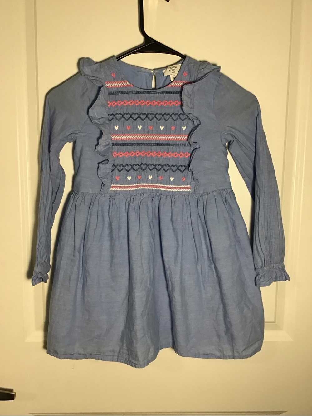 crown & ivy Light Blue Smocked Long-Sleeve Girls Dress with Pink Accent Size 6